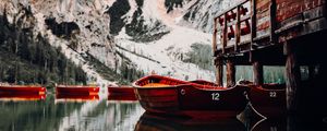 Preview wallpaper lake, boats, pier, mountain, water