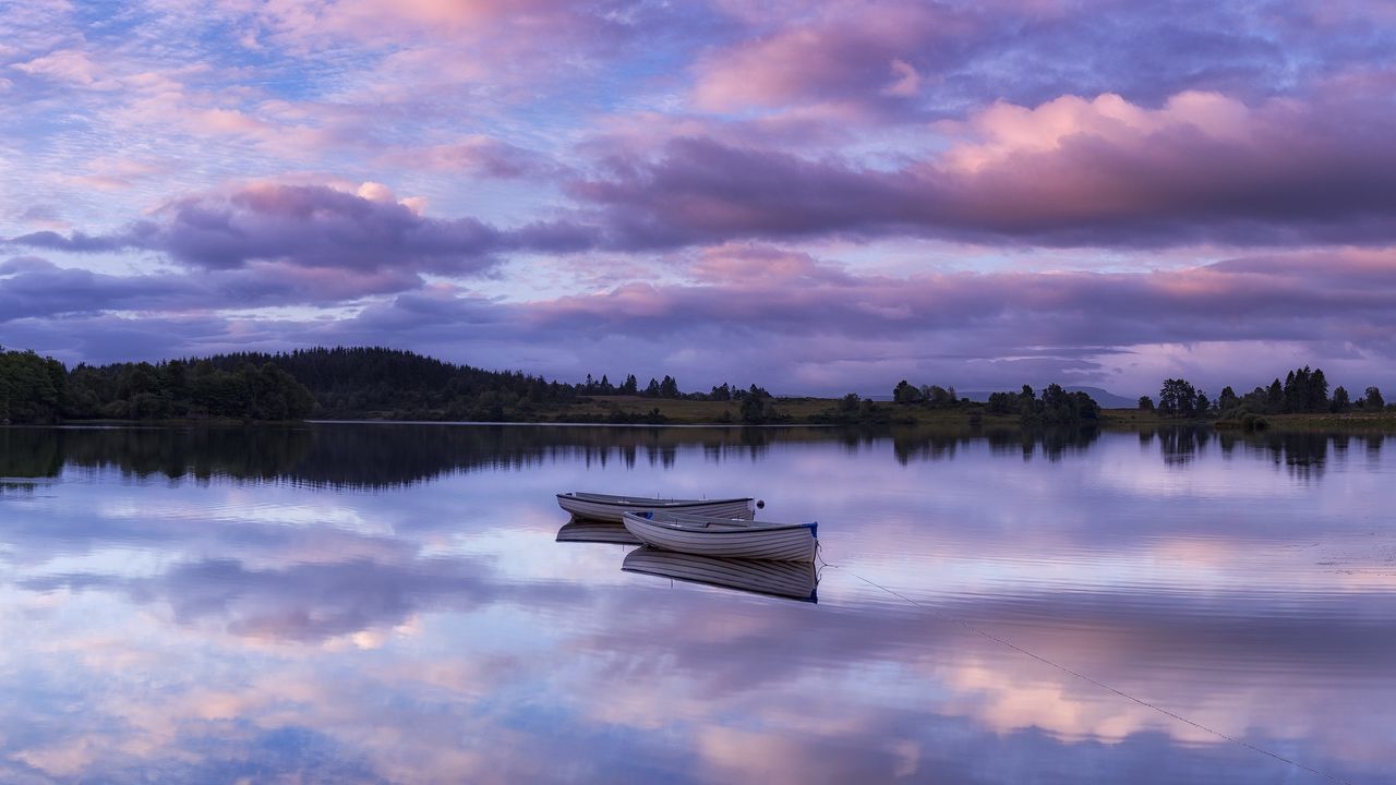Wallpaper lake, boats, skyline, sunrise, dawn, loch rusky, loch lomond, trossachs, scotland