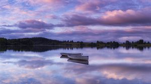 Preview wallpaper lake, boats, skyline, sunrise, dawn, loch rusky, loch lomond, trossachs, scotland