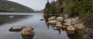 Preview wallpaper lake, bottom, stones, landscape, trees