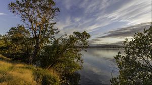 Preview wallpaper lake, branches, horizon, clouds
