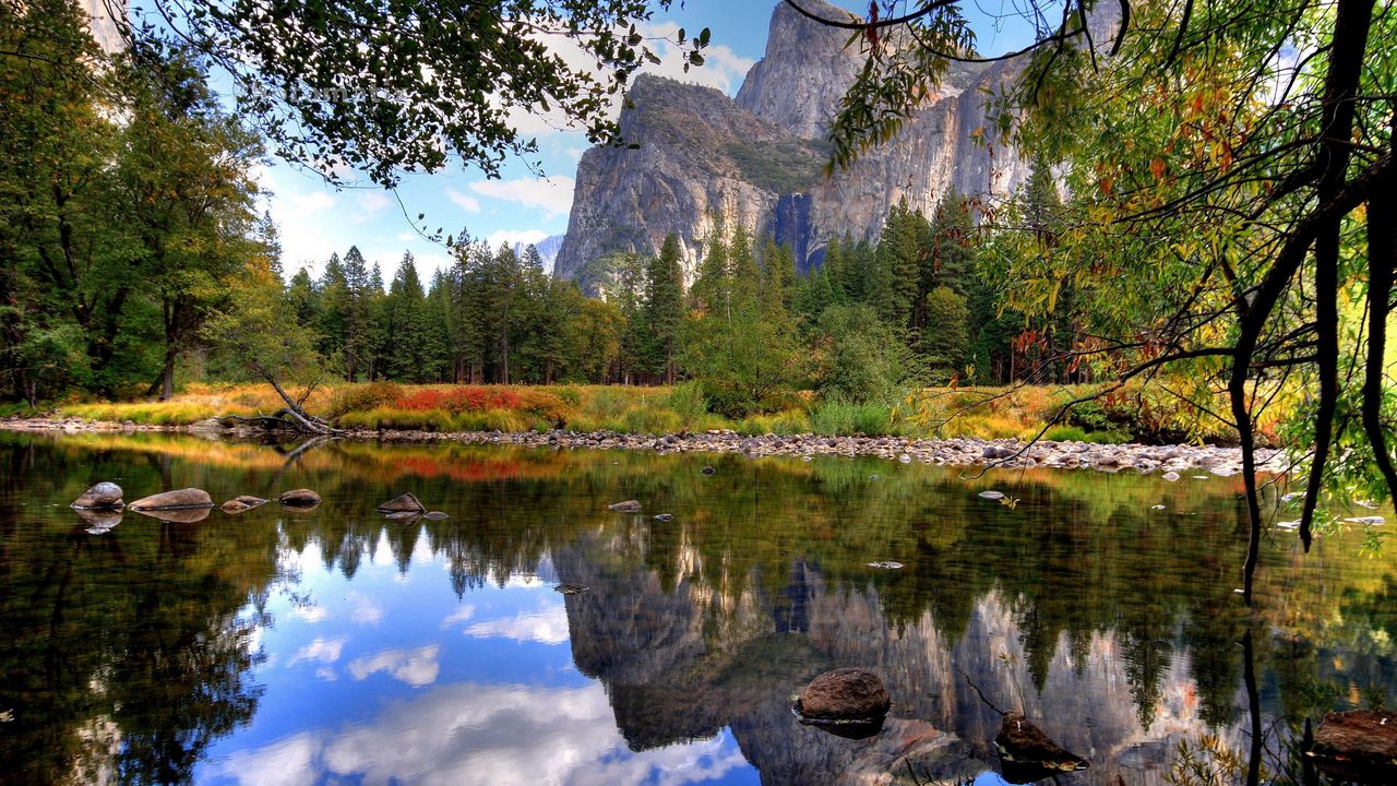 Wallpaper lake, branches, stones, water, mountains, trees, transparent, bottom, small, summer, brightly