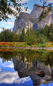 Preview wallpaper lake, branches, stones, water, mountains, trees, transparent, bottom, small, summer, brightly