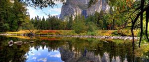 Preview wallpaper lake, branches, stones, water, mountains, trees, transparent, bottom, small, summer, brightly