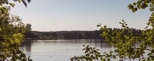 Preview wallpaper lake, branches, trees, leaves, frame