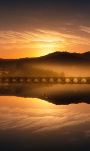 Preview wallpaper lake, bridge, mountains, boat, fog