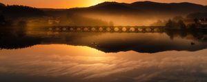 Preview wallpaper lake, bridge, mountains, boat, fog