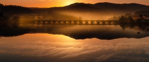 Preview wallpaper lake, bridge, mountains, boat, fog