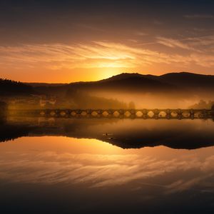 Preview wallpaper lake, bridge, mountains, boat, fog