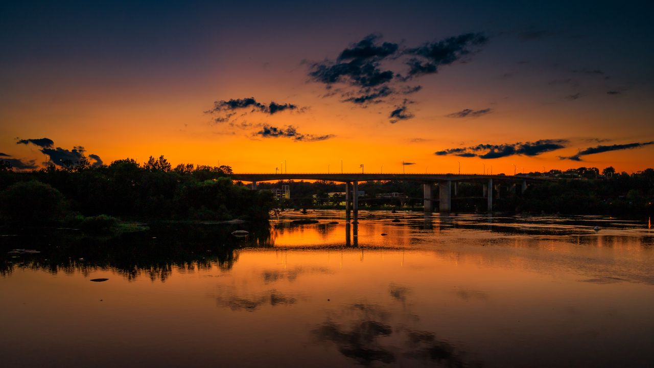Wallpaper lake, bridge, trees, clouds, sky, sunset, dark
