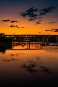 Preview wallpaper lake, bridge, trees, clouds, sky, sunset, dark