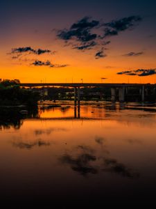 Preview wallpaper lake, bridge, trees, clouds, sky, sunset, dark