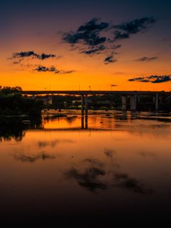 240x320 Wallpaper lake, bridge, trees, clouds, sky, sunset, dark