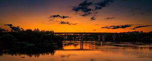 Preview wallpaper lake, bridge, trees, clouds, sky, sunset, dark