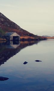 Preview wallpaper lake, building, mountains, reflection