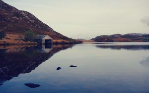 Preview wallpaper lake, building, mountains, reflection