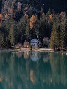 Preview wallpaper lake, building, shore, trees, water