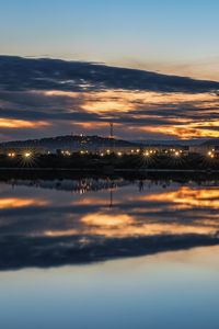 Preview wallpaper lake, buildings, lights, trees, reflection, evening