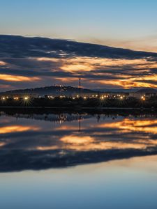 Preview wallpaper lake, buildings, lights, trees, reflection, evening