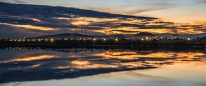 Preview wallpaper lake, buildings, lights, trees, reflection, evening