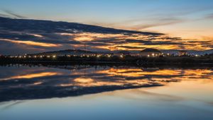 Preview wallpaper lake, buildings, lights, trees, reflection, evening