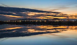 Preview wallpaper lake, buildings, lights, trees, reflection, evening