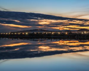 Preview wallpaper lake, buildings, lights, trees, reflection, evening