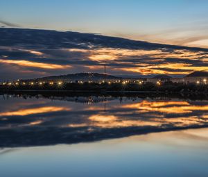 Preview wallpaper lake, buildings, lights, trees, reflection, evening