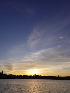 Preview wallpaper lake, buildings, trees, silhouettes, evening
