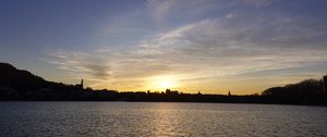 Preview wallpaper lake, buildings, trees, silhouettes, evening