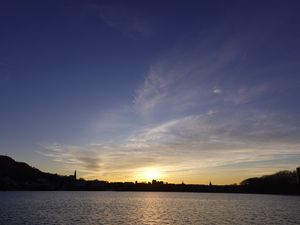 Preview wallpaper lake, buildings, trees, silhouettes, evening