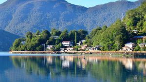 Preview wallpaper lake, buildings, trees, mountains, landscape