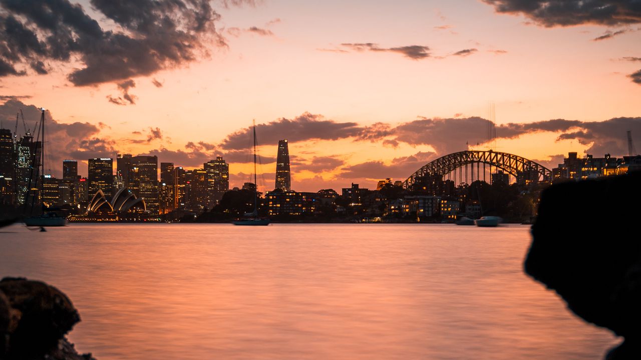 Wallpaper lake, city, buildings, coast, sunset