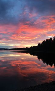 Preview wallpaper lake, clouds, forest, reflection, evening, sunset