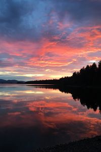 Preview wallpaper lake, clouds, forest, reflection, evening, sunset