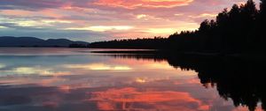 Preview wallpaper lake, clouds, forest, reflection, evening, sunset
