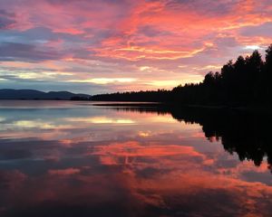 Preview wallpaper lake, clouds, forest, reflection, evening, sunset