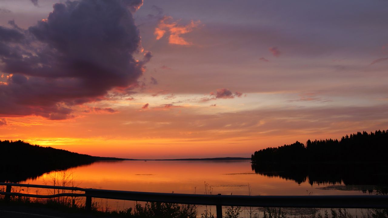 Wallpaper lake, clouds, sunset, sky, landscape, horizon, reflection, dark