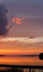 Preview wallpaper lake, clouds, sunset, sky, landscape, horizon, reflection, dark