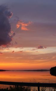 Preview wallpaper lake, clouds, sunset, sky, landscape, horizon, reflection, dark