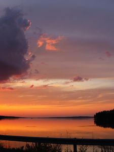 Preview wallpaper lake, clouds, sunset, sky, landscape, horizon, reflection, dark