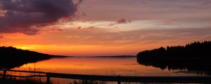 Preview wallpaper lake, clouds, sunset, sky, landscape, horizon, reflection, dark