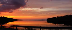 Preview wallpaper lake, clouds, sunset, sky, landscape, horizon, reflection, dark