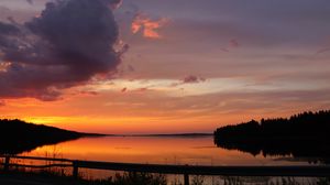 Preview wallpaper lake, clouds, sunset, sky, landscape, horizon, reflection, dark