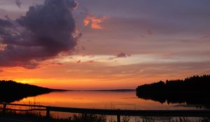 Preview wallpaper lake, clouds, sunset, sky, landscape, horizon, reflection, dark