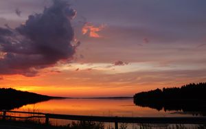 Preview wallpaper lake, clouds, sunset, sky, landscape, horizon, reflection, dark