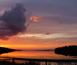 Preview wallpaper lake, clouds, sunset, sky, landscape, horizon, reflection, dark