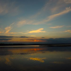 Preview wallpaper lake, clouds, sunset, sky, nature, dark