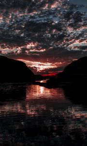 Preview wallpaper lake, clouds, sunset, dark