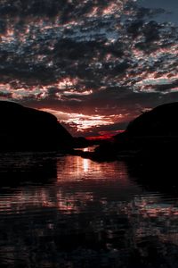 Preview wallpaper lake, clouds, sunset, dark
